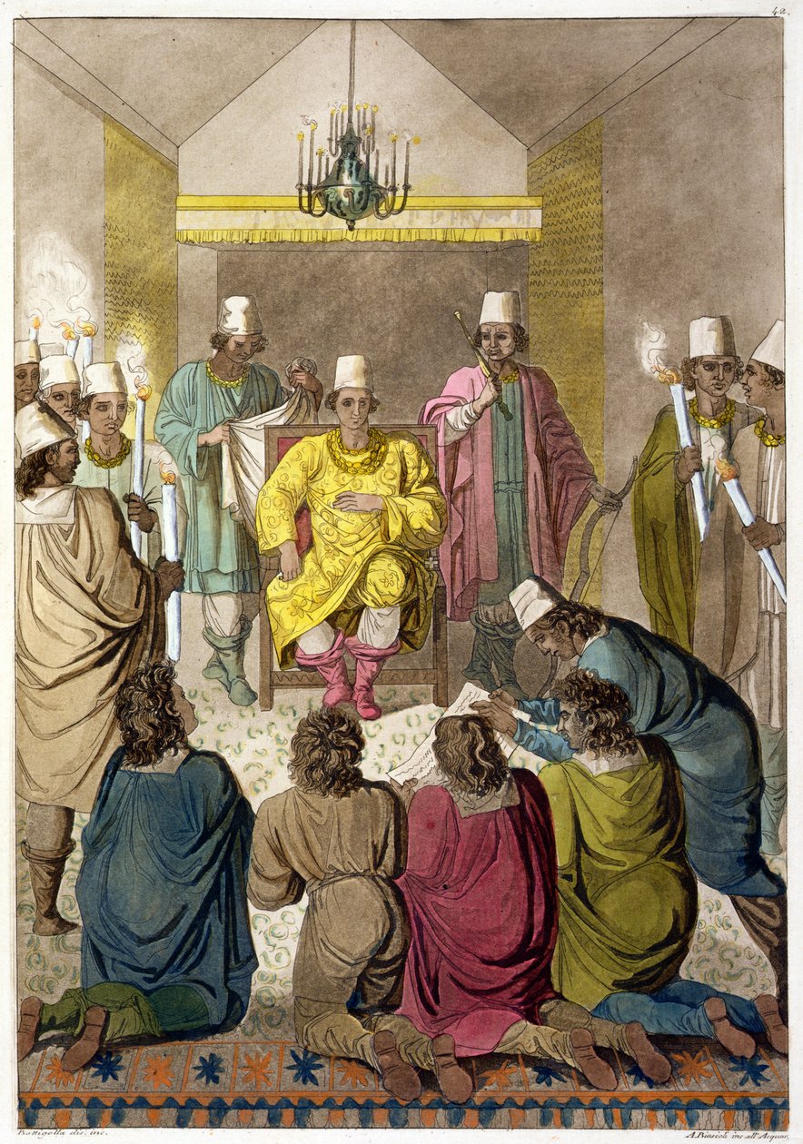 Don Alvaro, konungen av Kongo på sin tron, tavla 42 från "Le Costume Ancien et Moderne" av Jules Ferrario, graverad av A. Biasioli (1790-1830), publicerad omkring 1820-30-talen. av C. Bottigella