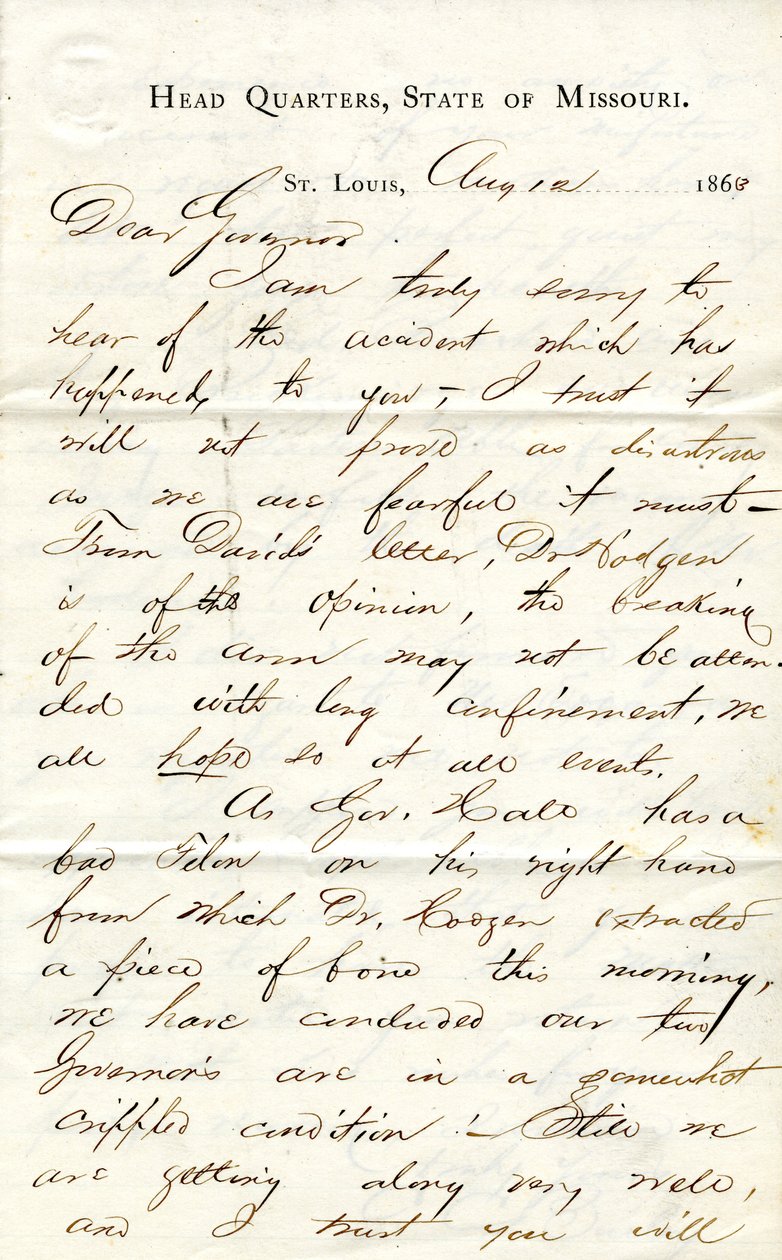 Letter signed C.C. Bailey, Head Quarters, State of Missouri, St. Louis, to Governor [Hamilton R. Gamble], August 12, 1863 av C. C. Bailey