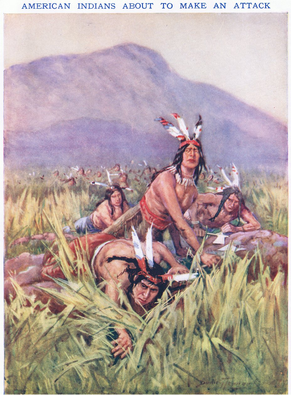 Amerikanska indianer på väg att attackera (färg litho) av C. Dudley Tennant
