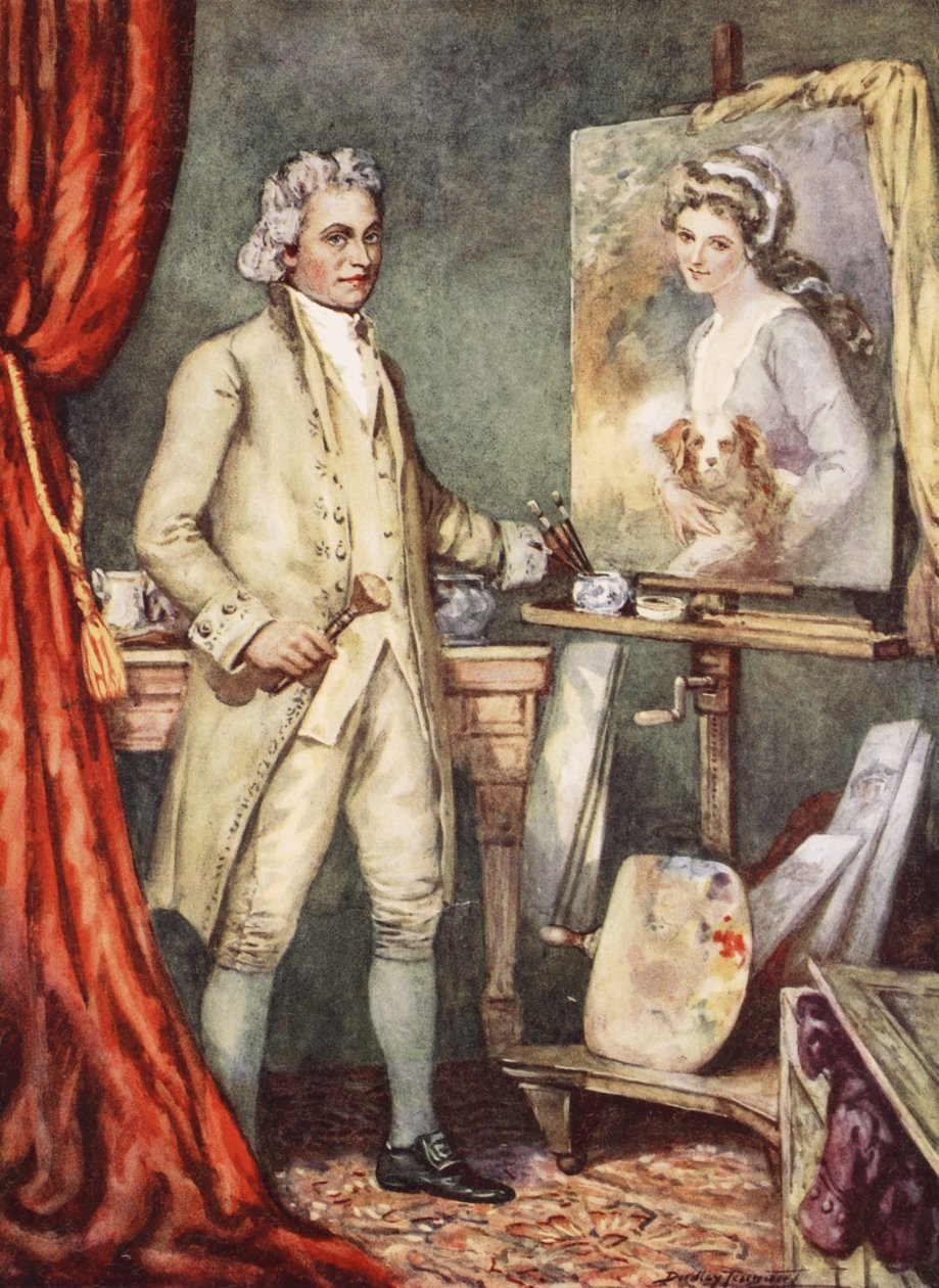 George Romney målar ett porträtt av Lady Hamilton (lito i färg) av C. Dudley Tennant