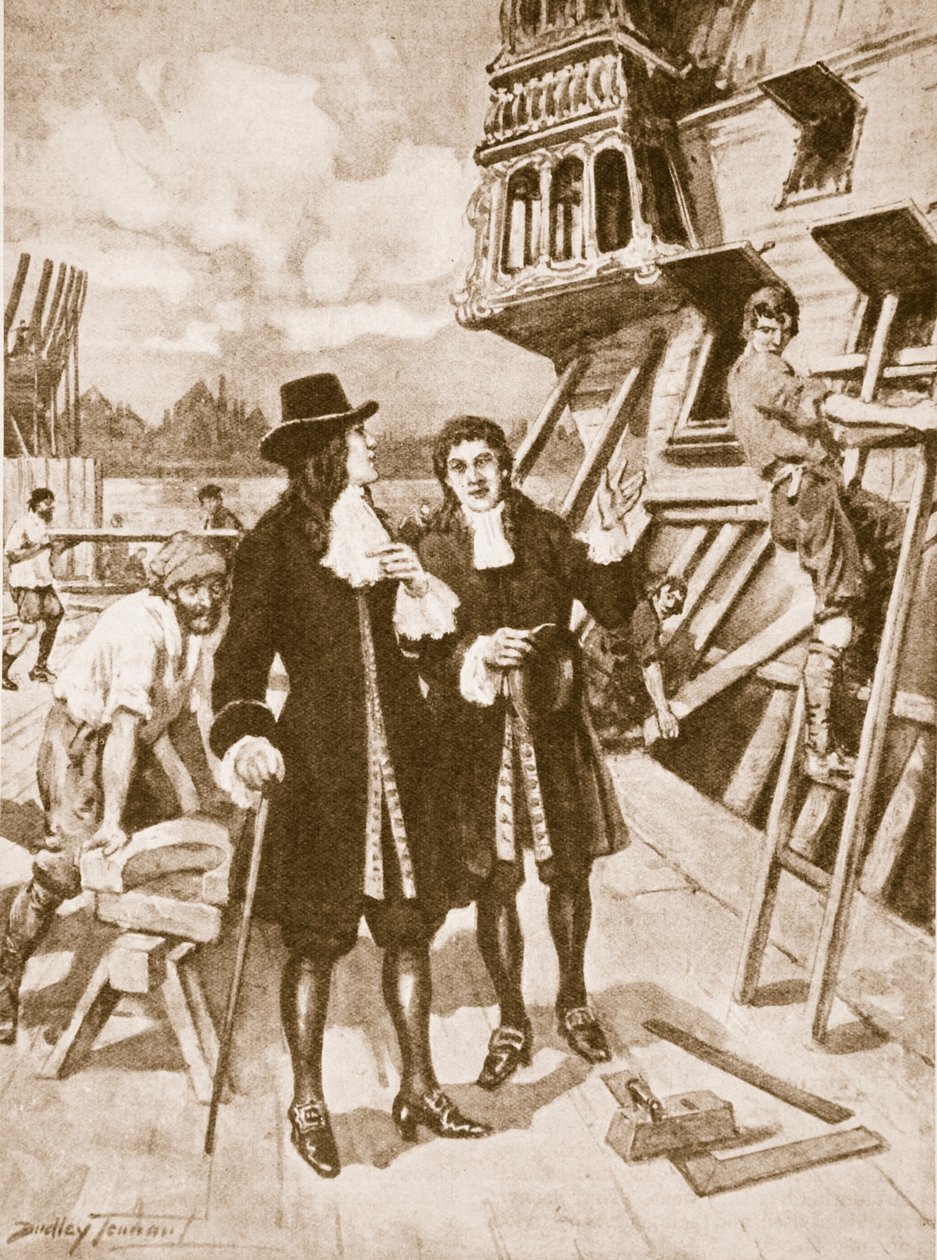 デプトフォードの造船所にいるピョートル大帝 (litho)swedish av C. Dudley Tennant