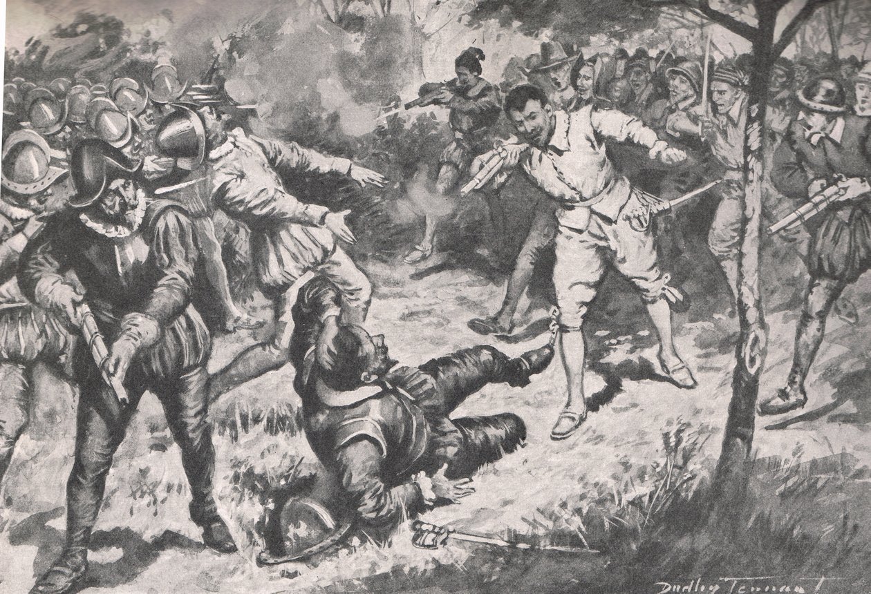 Amiralen, följt av sitt parti, sprang huvudstupa mot Vera Cruz Guard, illustration från 