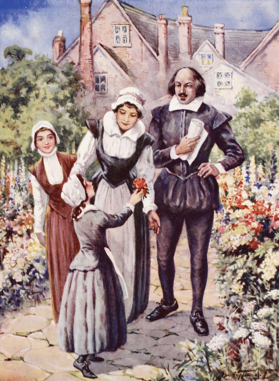 William Shakespeare, med sin fru och två döttrar, i trädgården på New Place, Stratford-upon-Avon (färg litho) av C. Dudley Tennant