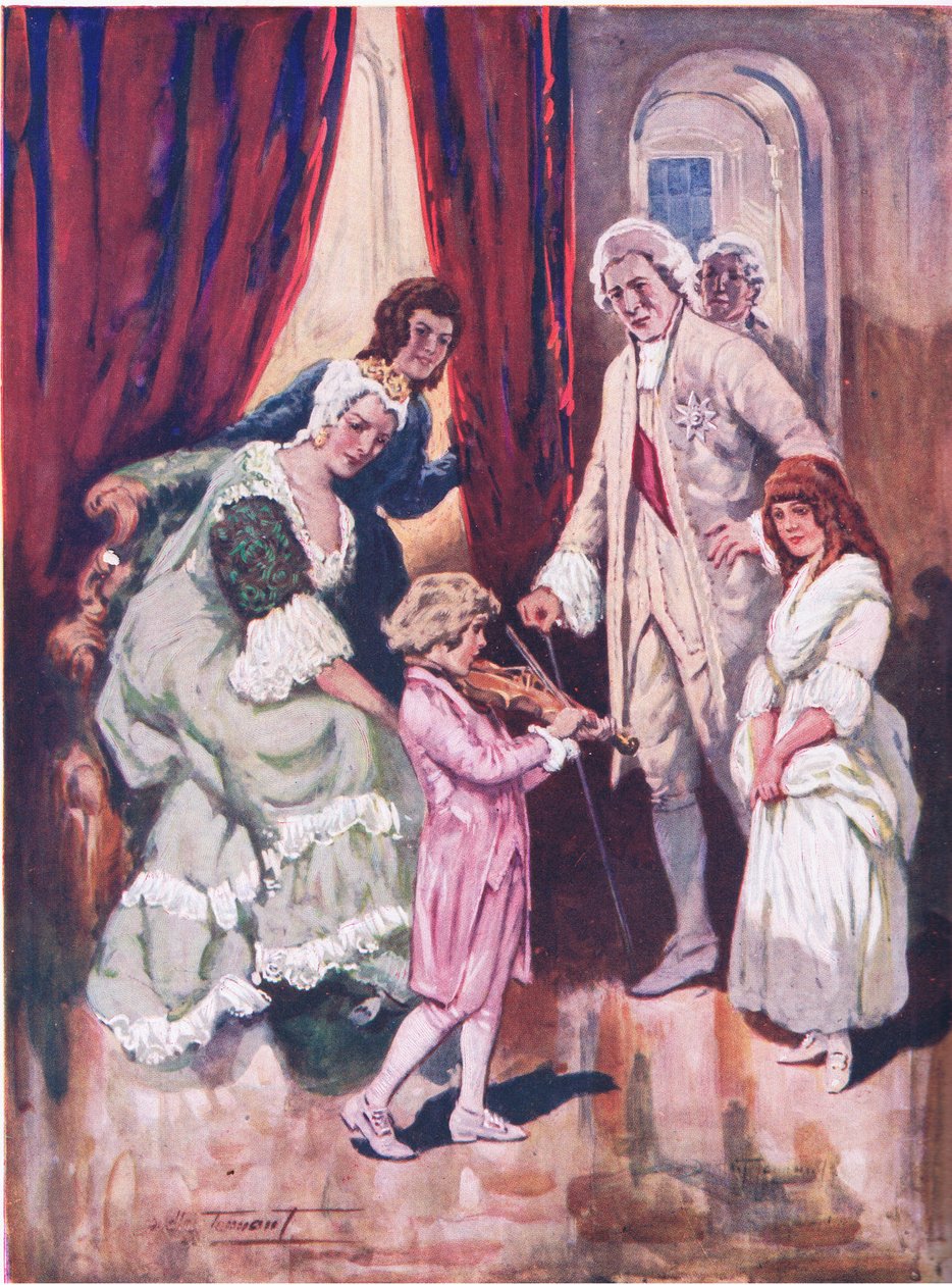 Vinner sin kungliga publiks hjärtan: Mozarts första framträdande i det österrikiska hovet (färg litho) av C. Dudley Tennant