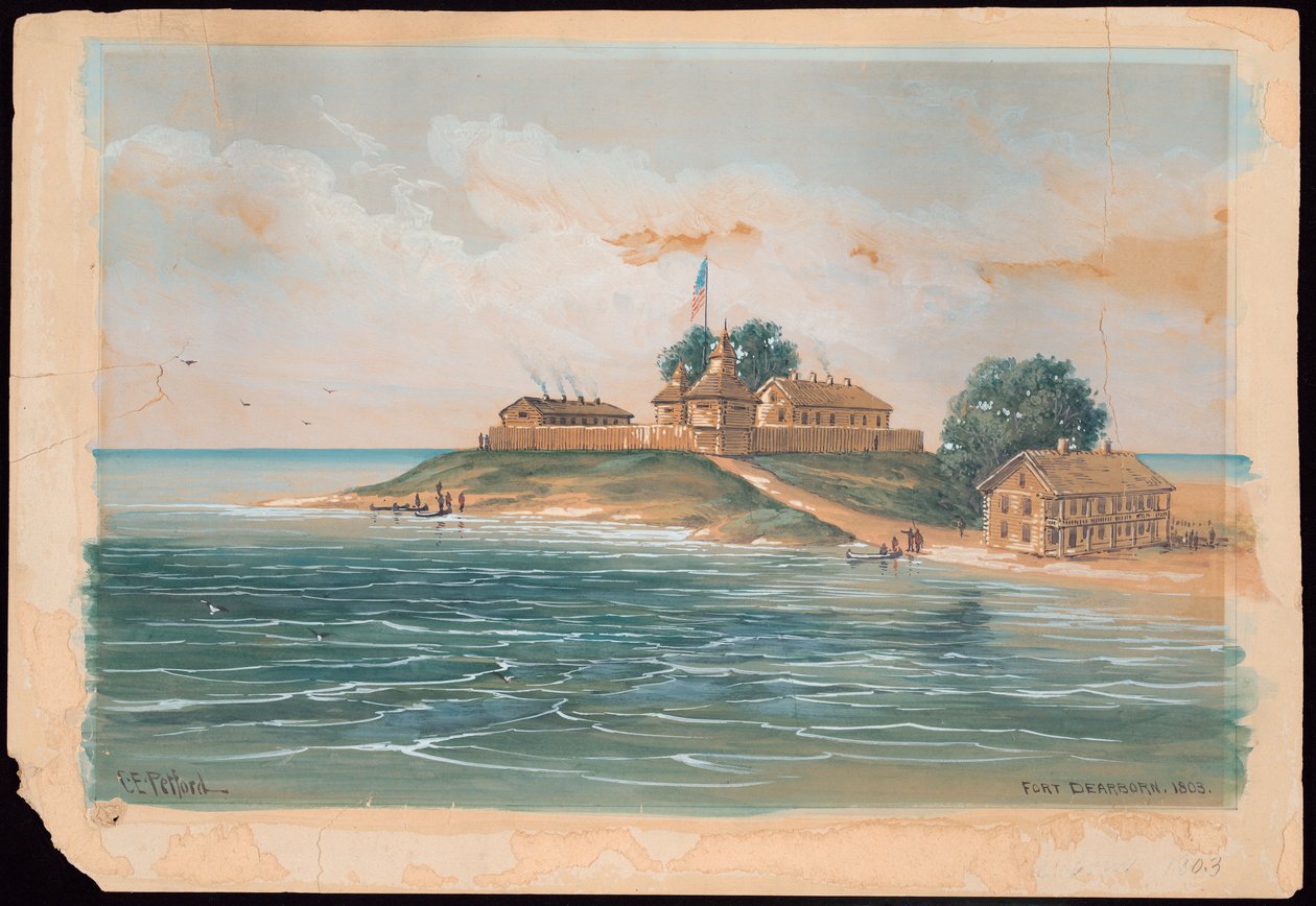 Fort Dearborn 1803 (akvarell) av C. E. Petford