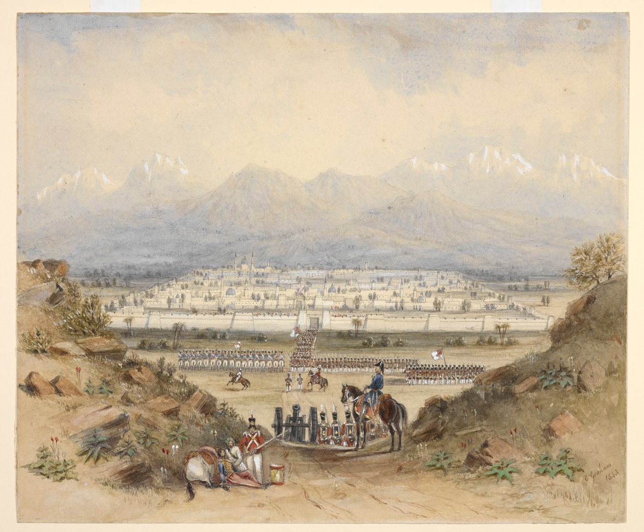 En allmän granskande kavalleri och infanteri, som är på väg att gå in i en muromgärdad stad i bergigt land, kanske Kandahar (N.W.F.P.). 1843, efter en tidigare skiss. av C. Graham