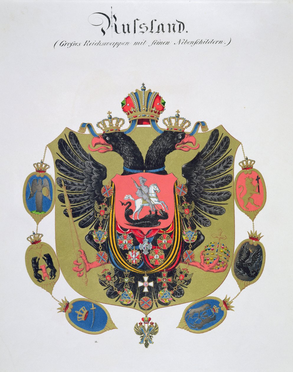Vapen och sköld från staten Imperial Ryssland, från en samling akvareller publicerade i Tyskland, ca 1830-33 av C. Hildebrandt