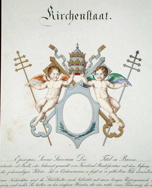 Vapen från kyrkstaten i Vatikanen, från en samling akvareller publicerade i Tyskland, ca 1830-33 (färg litho) av C. Hildebrandt