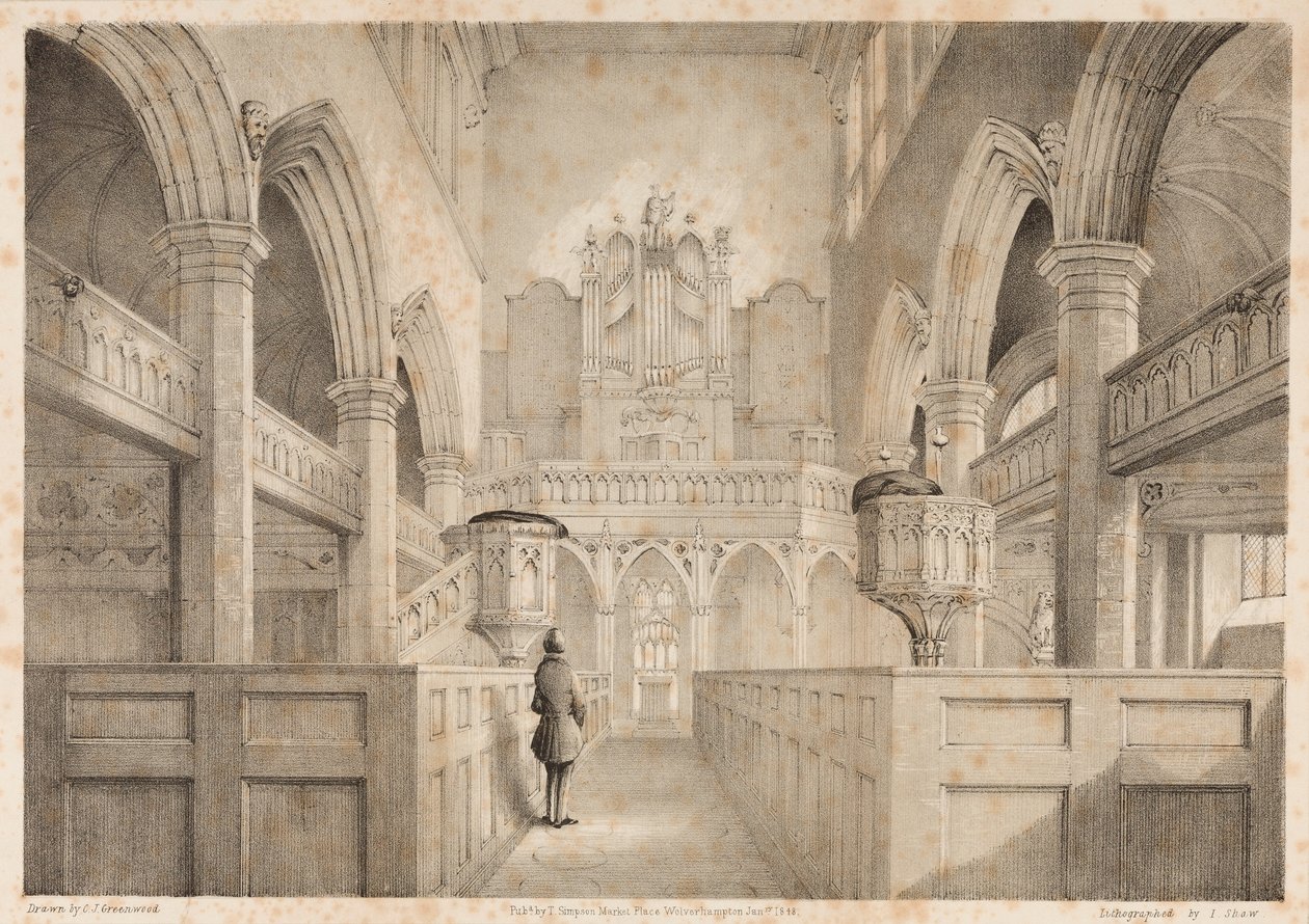 Det inre av St. Peters, Wolverhampton, graverad av I. Shaw, 1848 av C. J. Greenwood