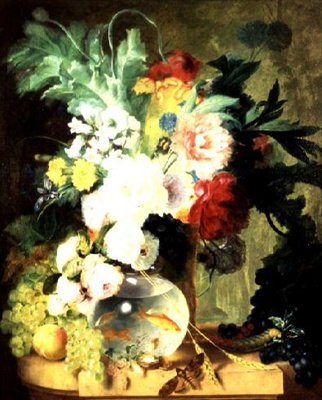 Stilleben med blommor och fiskskål (olja på panel) av C. Kuipers