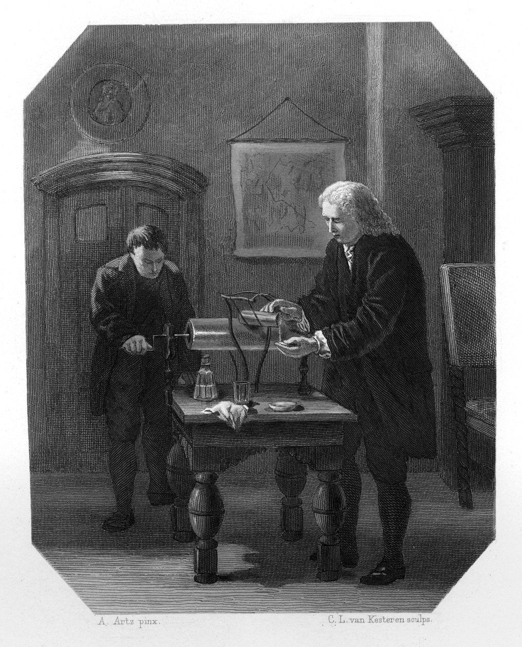 Pieter van Musschenbroek och Andreas Cunaeus, holländska vetenskapsmän, c1870 av Domenico del Barbiere