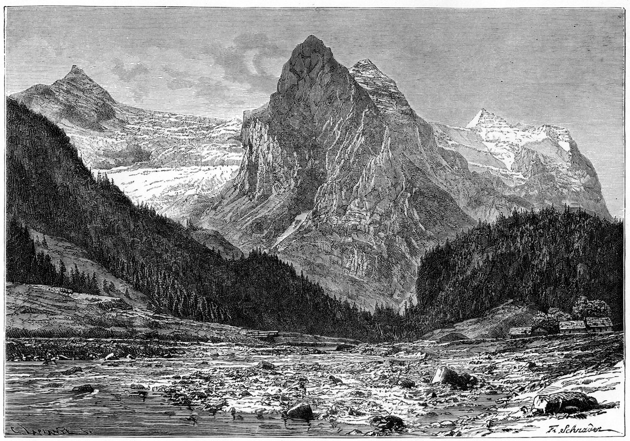 Wellhorn och Rosenlaui-glaciären, Schweiz, 1800-talet. av C. Laplante