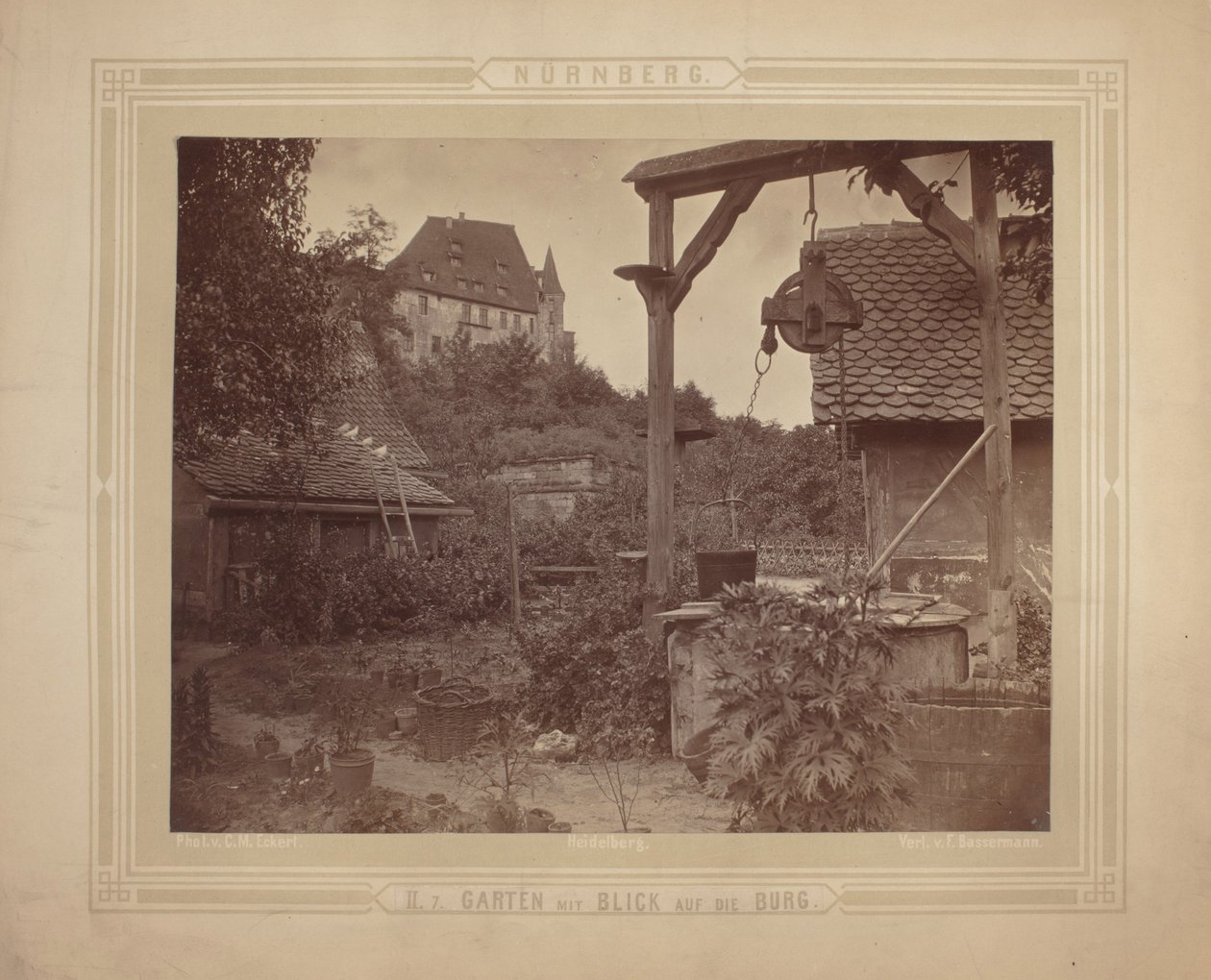 Heidelberg - Utsikt över slottet från trädgården, ca 1870 (albumintryck på kartongfäste) av C. M. Eckert
