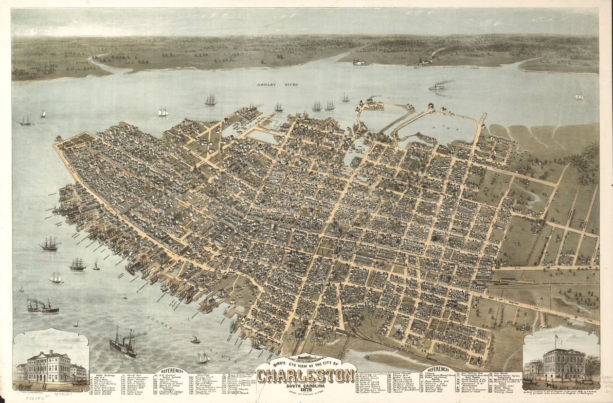 Fågelperspektiv över staden Charleston, South Carolina 1872. LOC 75696567 av C. N. Drie