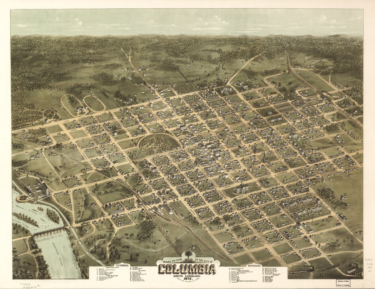 Fågelperspektiv över staden Columbia, South Carolina 1872. av C. N. Drie