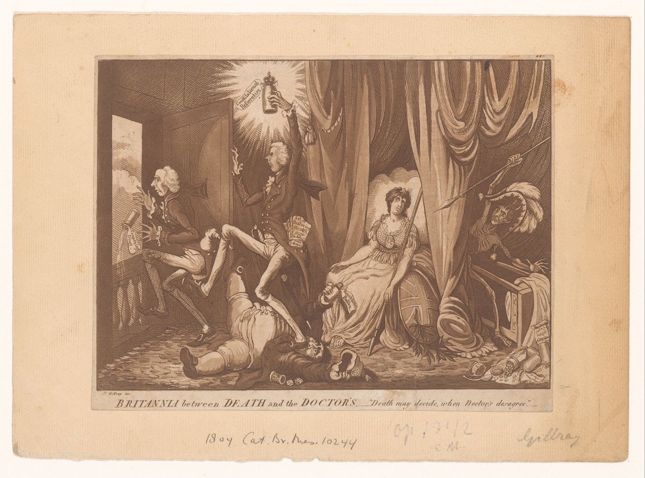 Pitt som ny läkare för Britannia Britannia mellan döden och läkarens (titel på objektet) av C. Starcke (possibly)