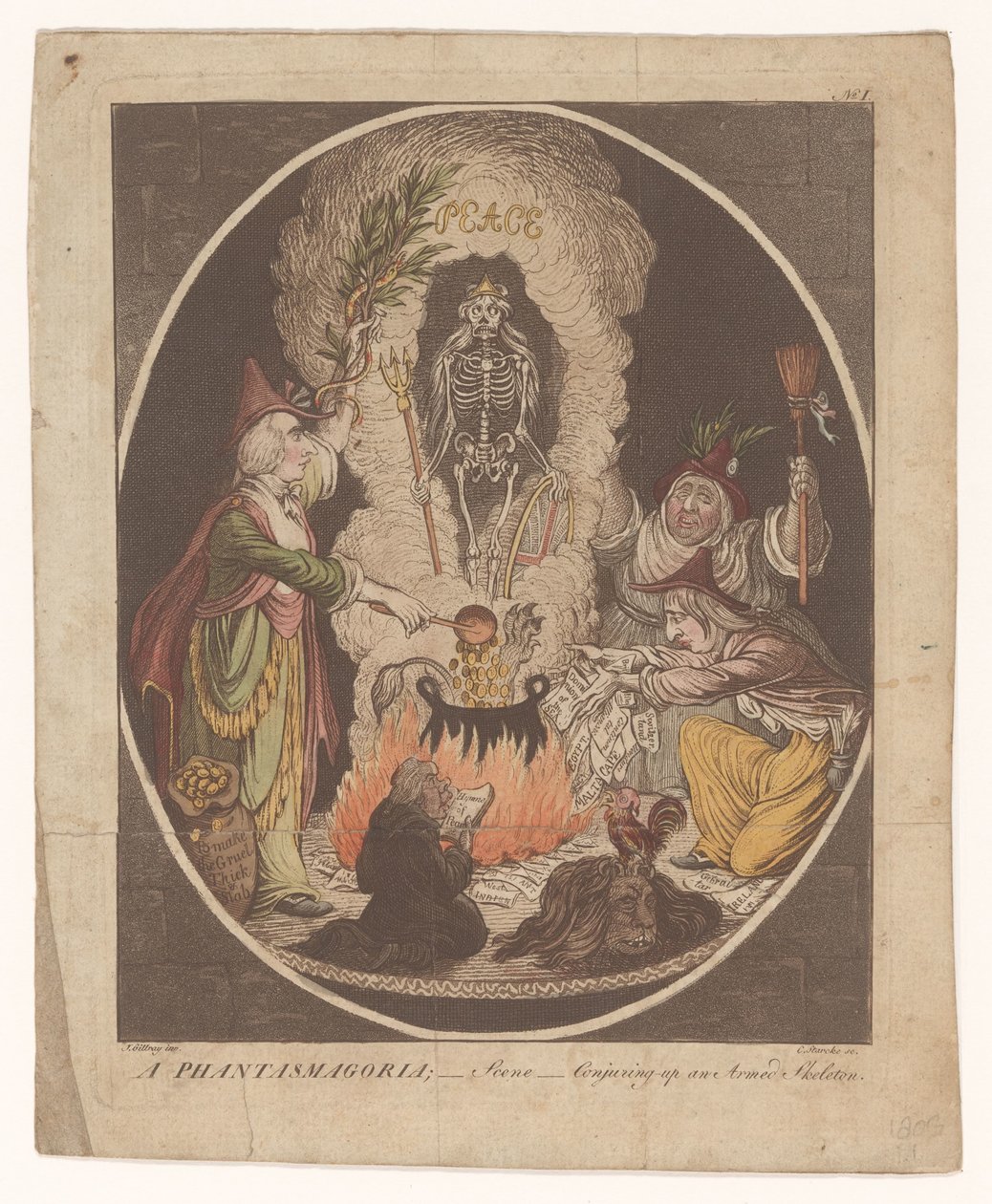 Tecknad film om freden i Amiens, 1802 En Phantasmagoria; - Scen - Trolla fram ett beväpnat skelett (titel på objekt) av C. Starcke