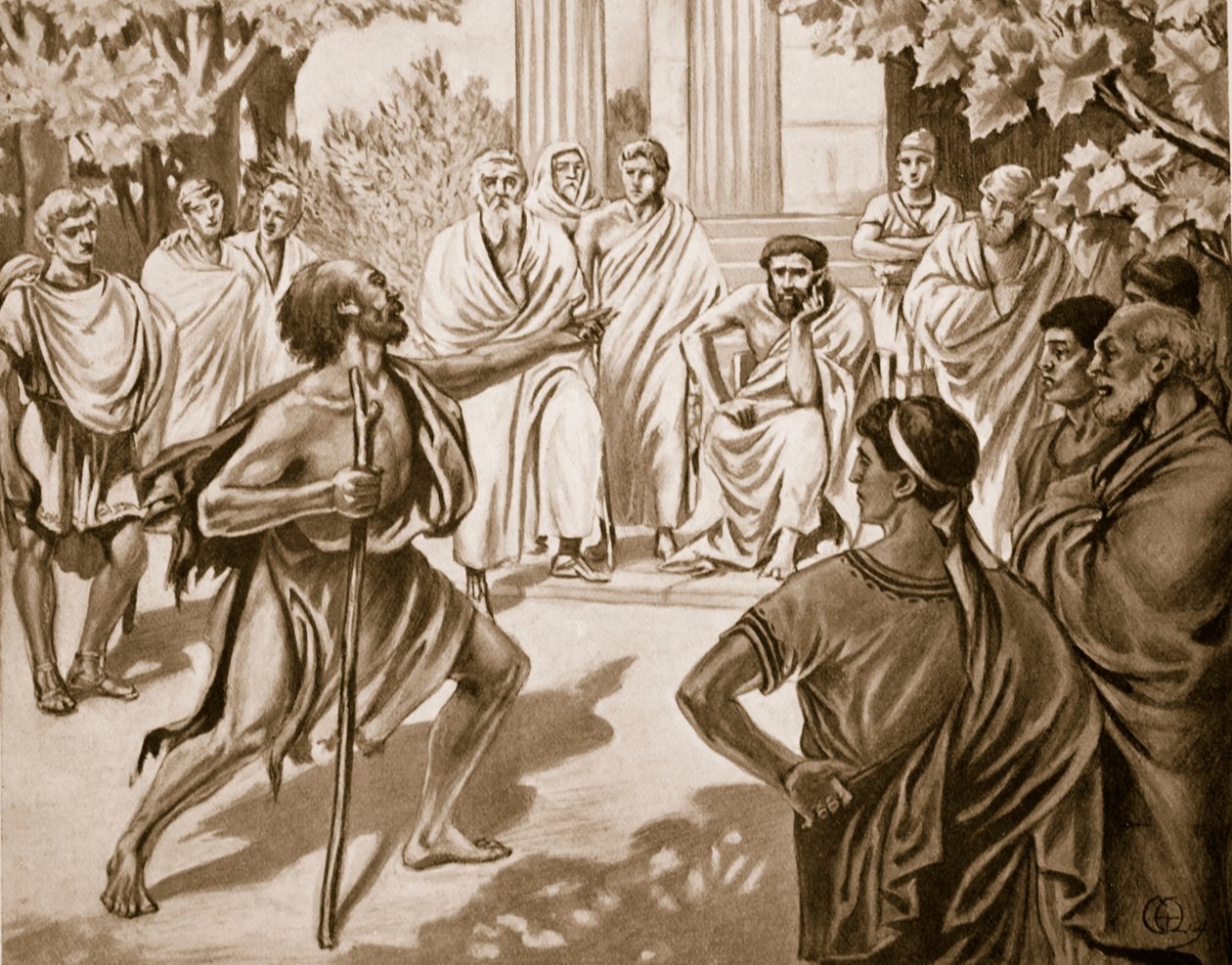 Diogenes och Platon, illustration från Hutchinsons History of the Nations, 1915 av C. Titus