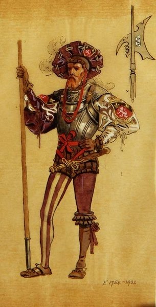 An Armored Courtier, kostymdesign för As You Like It, producerad av R.Courtneidge på Princes Theatre, Manchester av C. Wilhelm