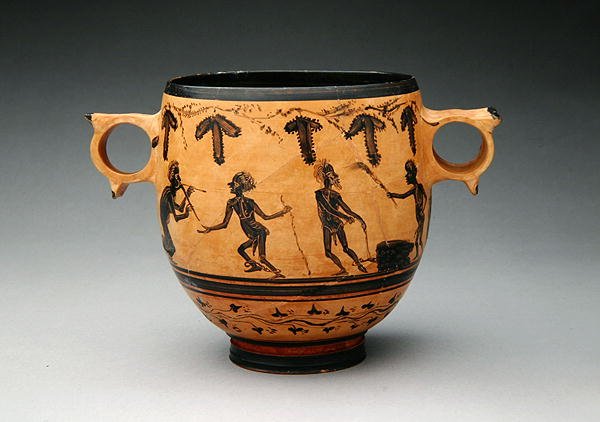 Skyphos med parodiscener, ca 430-410 f.Kr. (keramik) (se även 288251) av Cabirian