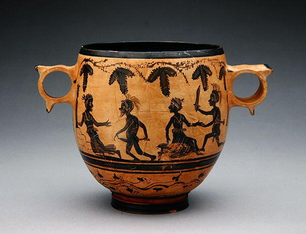 Skyphos med parodiscener, ca 430-410 f.Kr. (keramik) (se även 307555) av Cabirian