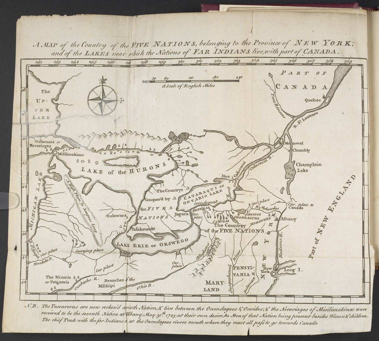 En karta över de fem nationernas land, tillhörande provinsen New York; och av sjöarna nära vilka nationerna av fjärrindianer bor, med en del av Kanada av Cadwallader Colden