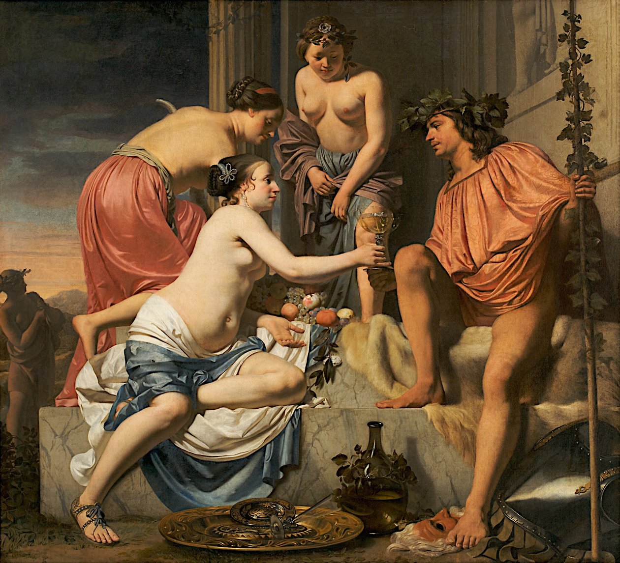 Bacchus på en tronymf som erbjuder Bacchus vin och frukt av Cesar Boetius van Everdingen