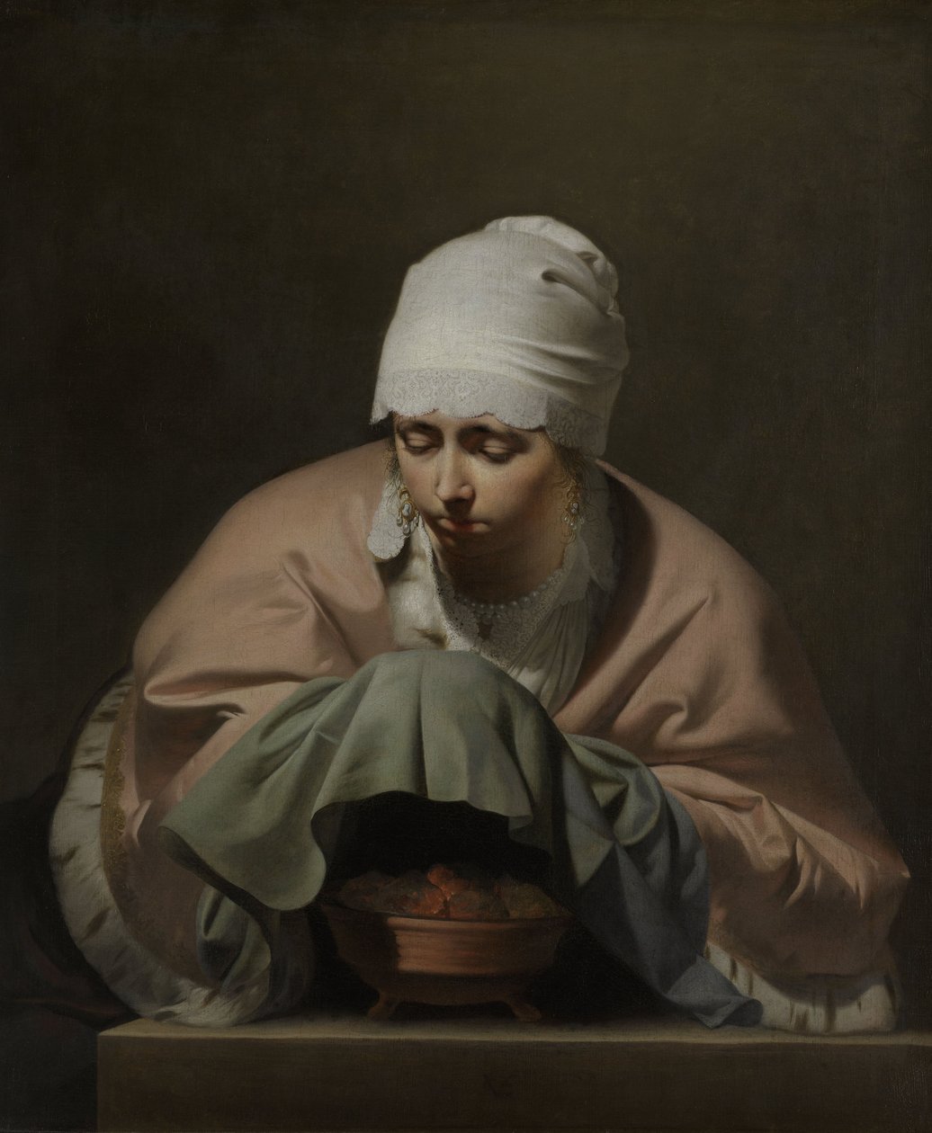 Young Woman Warming her Hands over a Brazier av Cesar Boetius van Everdingen