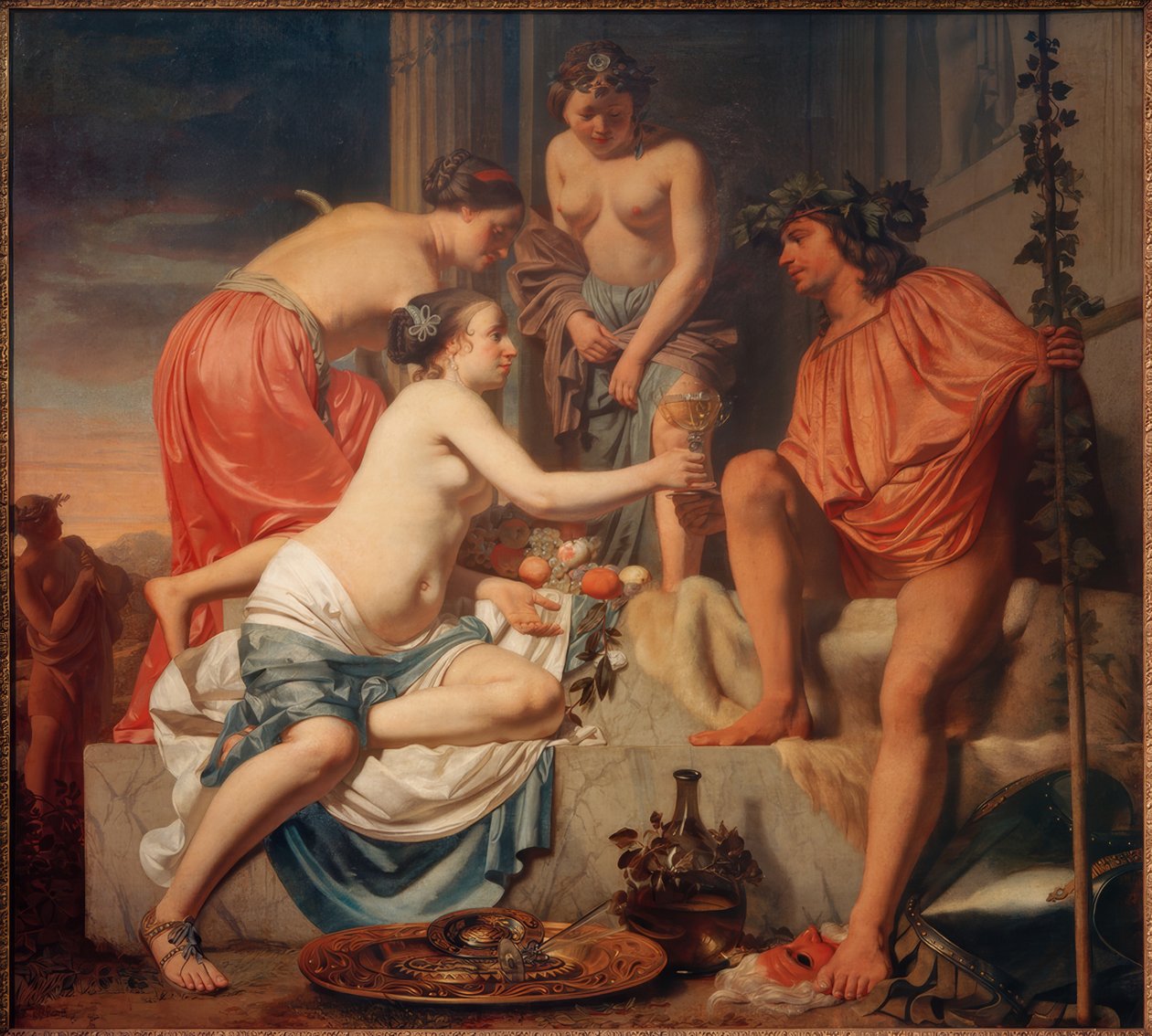 De tronande Bacchusnymferna serverar Bacchusvin och fre. av Cesar Boetius van Everdingen