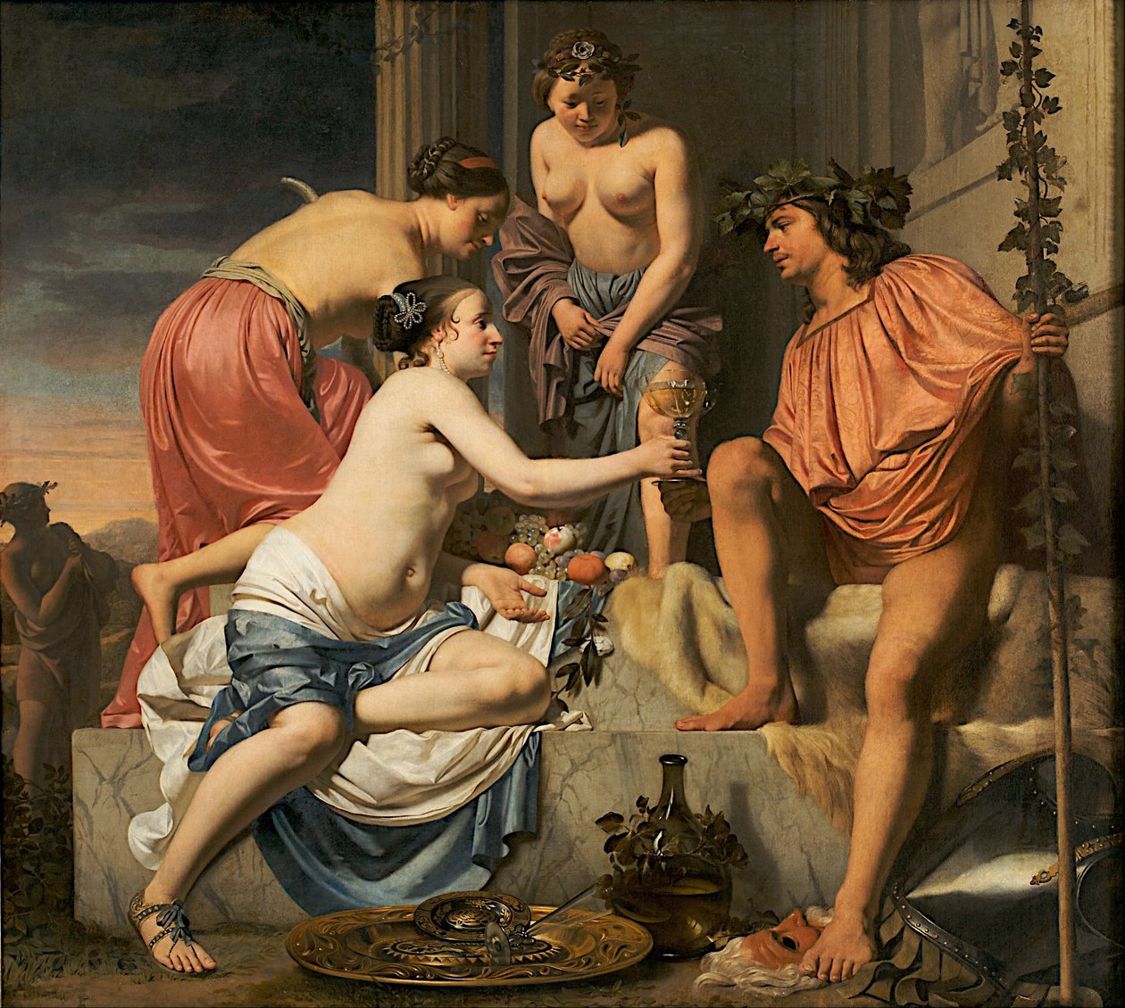 Bacchus på en tron - Nymfer bjuder Bacchus på vin och frukt av Caesar van Everdingen