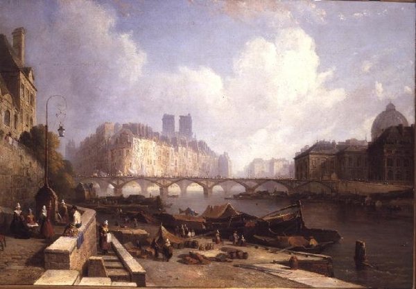 Ile de la Cite, Paris, från Quai du Louvren (olja på duk) av Caleb Robert Stanley