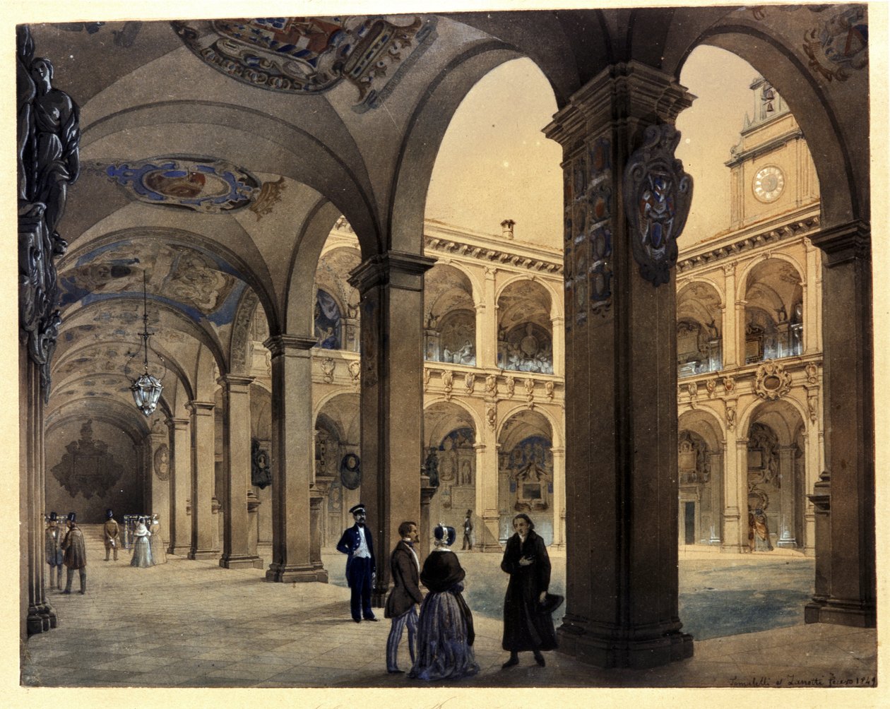 Universitetet i BOLOGNA : Archiginnasium "De nedre arkadgångarna" av Calisto & Tomaselli Contardo (1827 57) Zanotti Cavazzoni