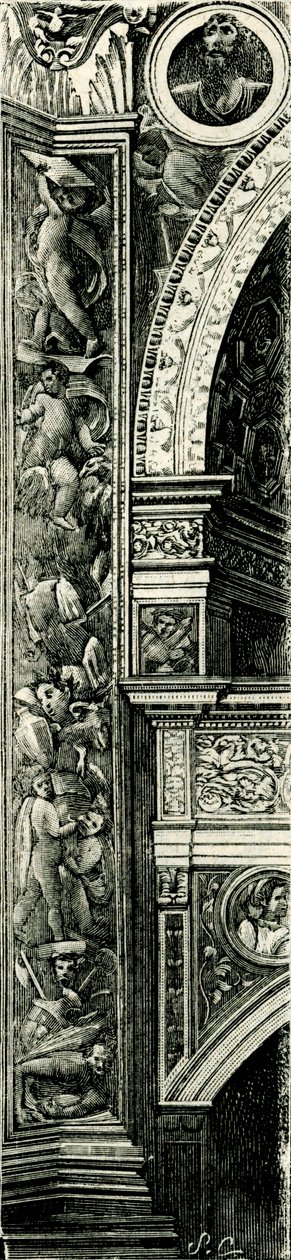 Pilasterremsa dekorerad av Callisto Piazza (ca 1500-1561 eller 1562), Tempio Civico della Beata Vergine Incoronata (Jungfru Marias tempel krönt), Lodi, Lombardiet, Italien, träsnitt av Callisto Piazza