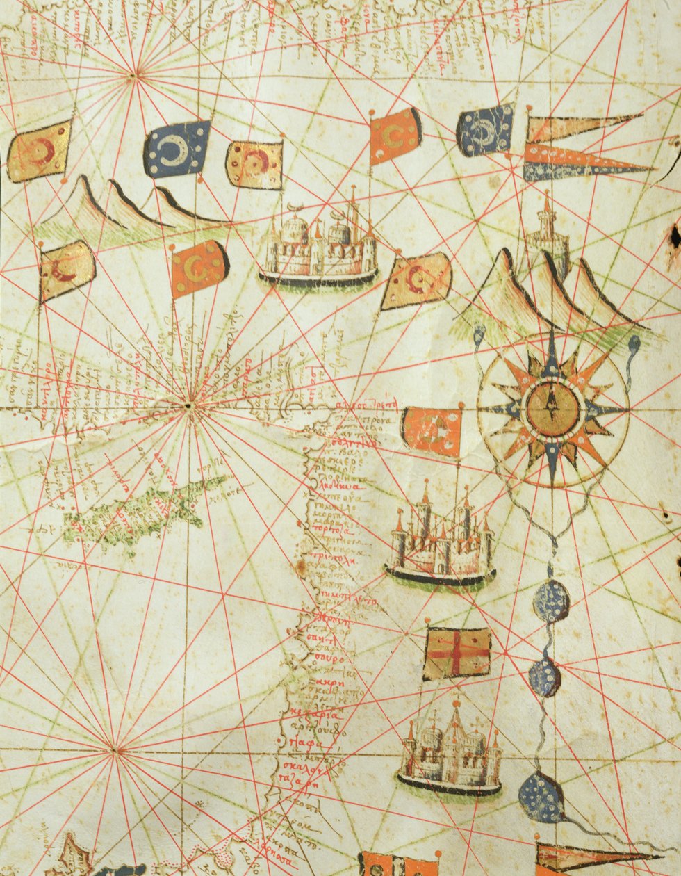 Turkiets och Cyperns kust, från en nautisk atlas över Medelhavet och Mellanöstern (bläck på veläng) av Calopodio da Candia