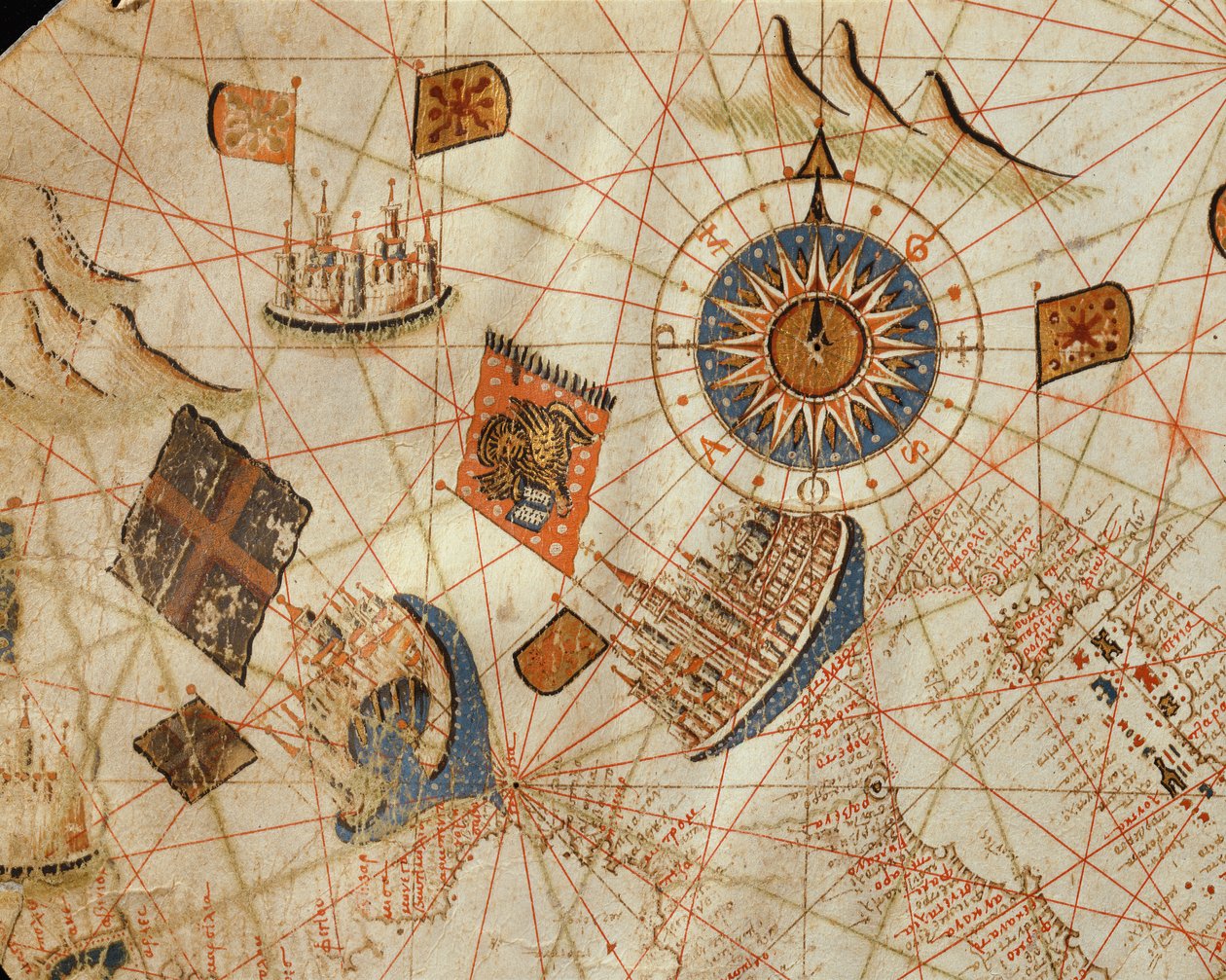 De maritima städerna Genua och Venedig, från en nautisk atlas över Medelhavet och Mellanöstern (bläck på veläng) av Calopodio da Candia