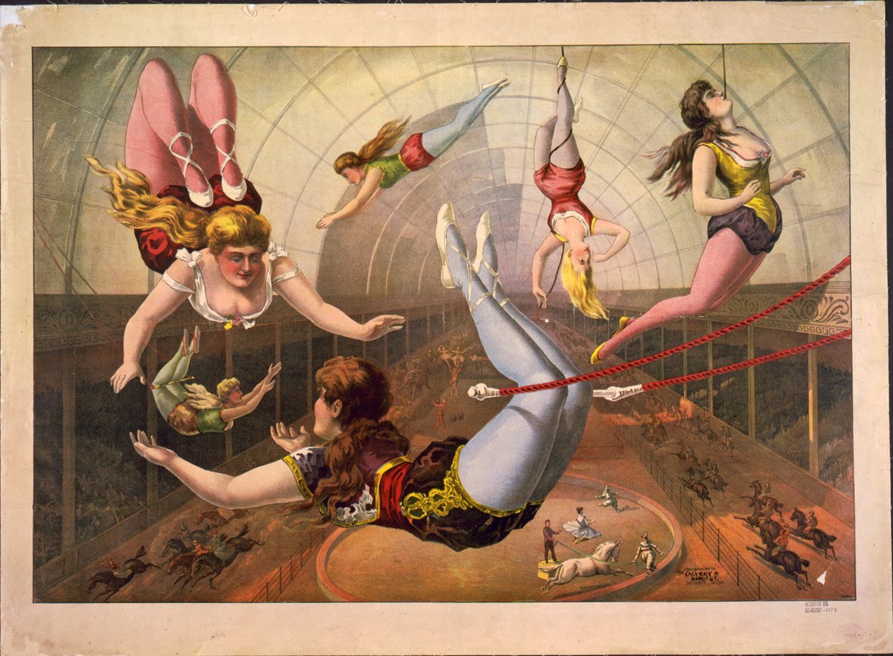 Kvinnliga akrobater på trapetser på cirkus, ca. 1890 av Calvert Litho. Co.
