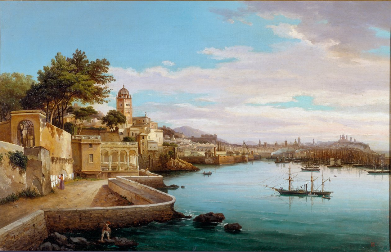 Utsikt över hamnen i Genes (Utsikt över hamnen i Genua, Italien) Målning av Cambiaso (1800-talet) Genes, Galleria d