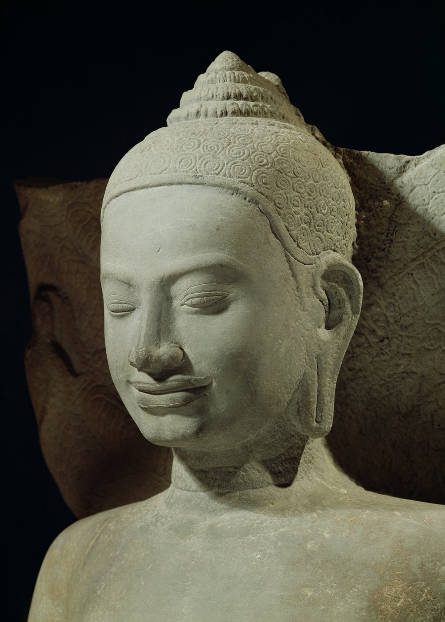 Buddha i Meditation på Naga King, Mucilinda, detalj av Buddhas huvud, från Preah Khan, Bayon-stil, sandsten från 1100- och 1200-talet av Cambodian School