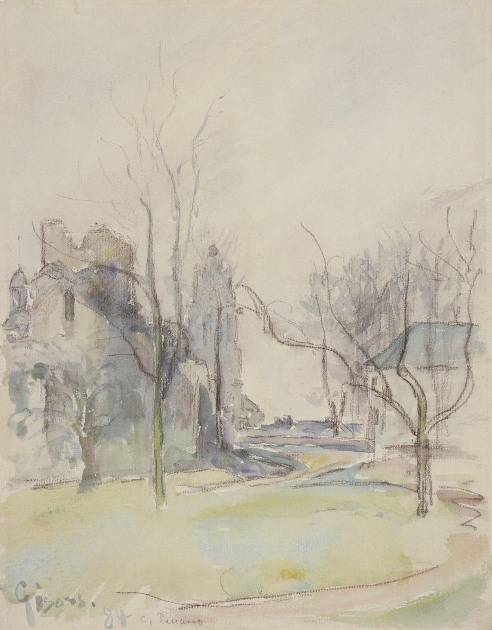 Gisors, ca 1884 (wc över svart krita på papper) av Camille Jacob Pissarro