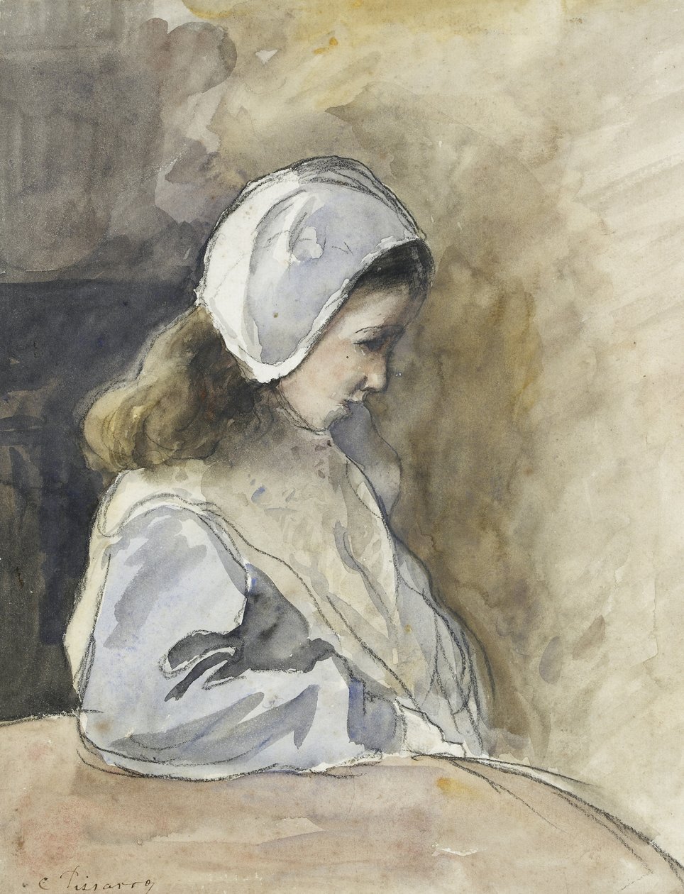 Jeanne-Rachel Pissarro sittande vid ett bord, ca. 1872 (akvarell över svart krita) av Camille Jacob Pissarro