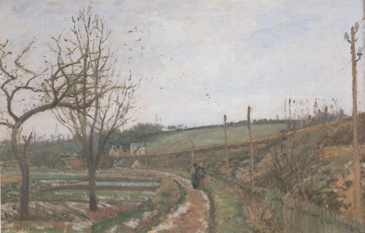 La Route au bord du chemin de fer effet de neige av Camille Jacob Pissarro