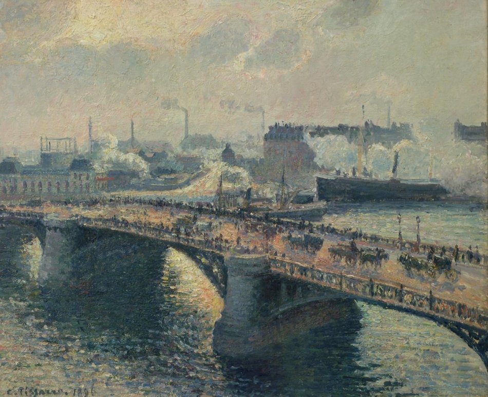 Le Pont Boieldieu à Rouen, soleil couchant, temps brumeux av Camille Jacob Pissarro