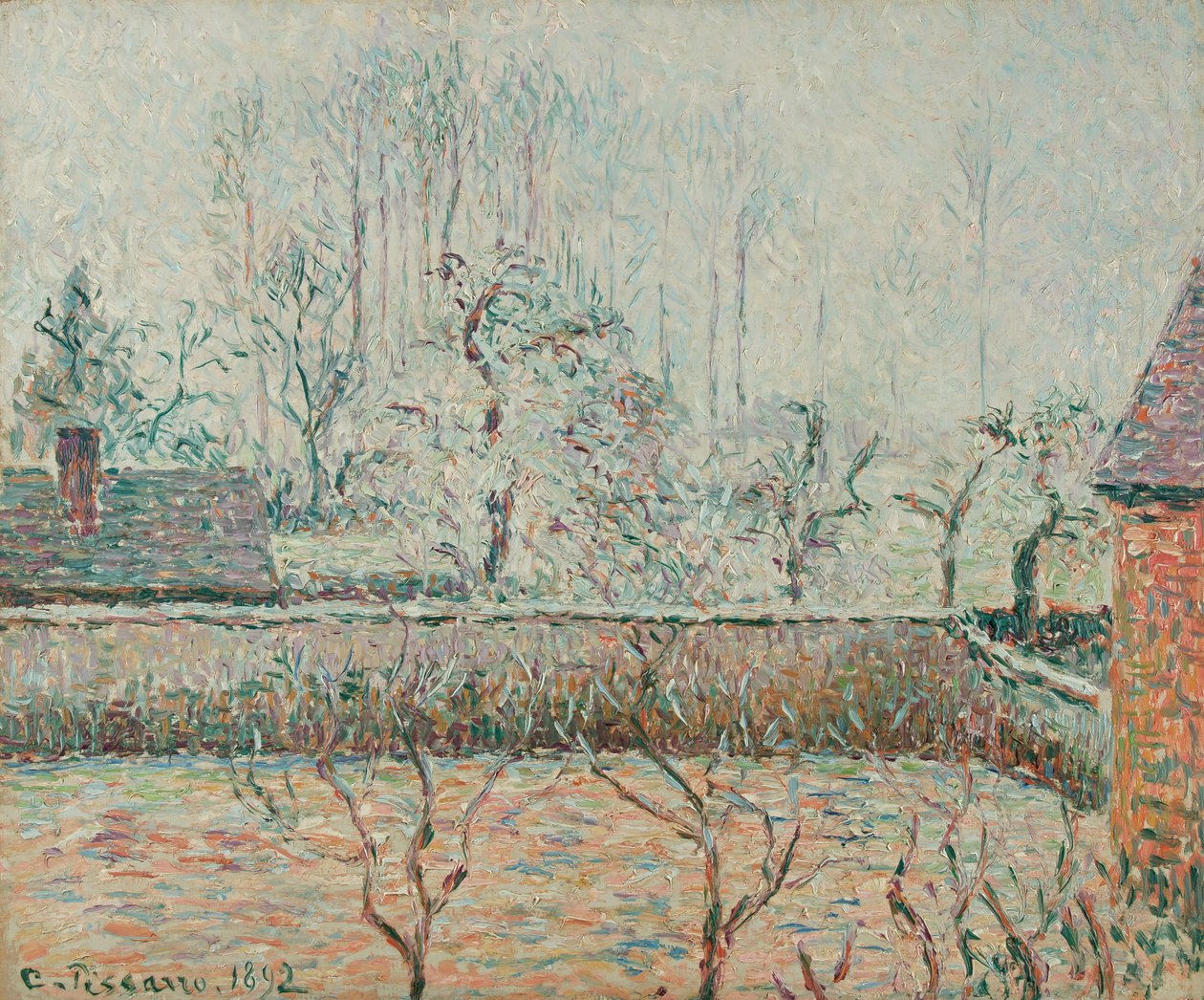 Paysage avec maisons et mur de clôture, givre et brume (1892) av Camille Jacob Pissarro