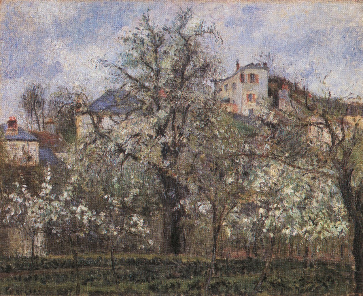Potager et arbers en fleurs, printemps, Pontoise av Camille Jacob Pissarro