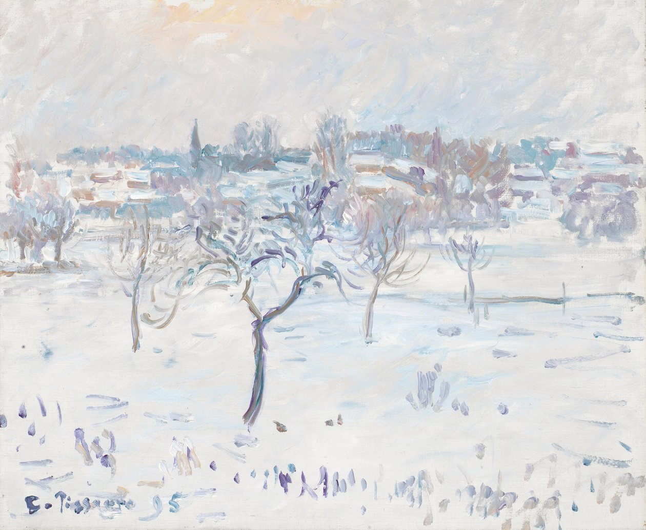 Snölandskap i Eragny med ett äppelträd, 1895 av Camille Jacob Pissarro