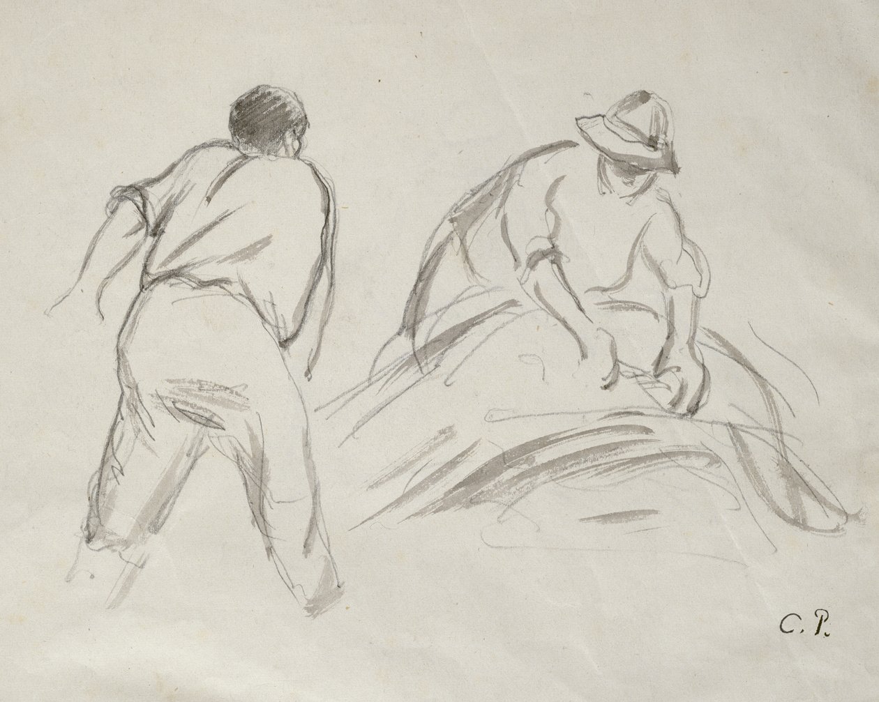 Studier av en manlig och en kvinnlig skördare (grå tvätt över penna på papper) av Camille Jacob Pissarro