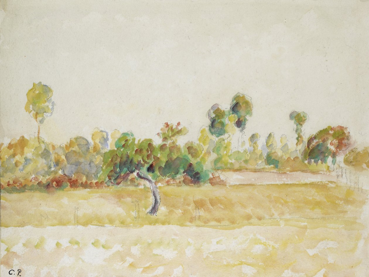 Studie av fruktträdgården i Eragny-sur-Epte, sedd från konstnärens hus, ca. 1886 - 1890 (akvarell över svart krita) av Camille Jacob Pissarro