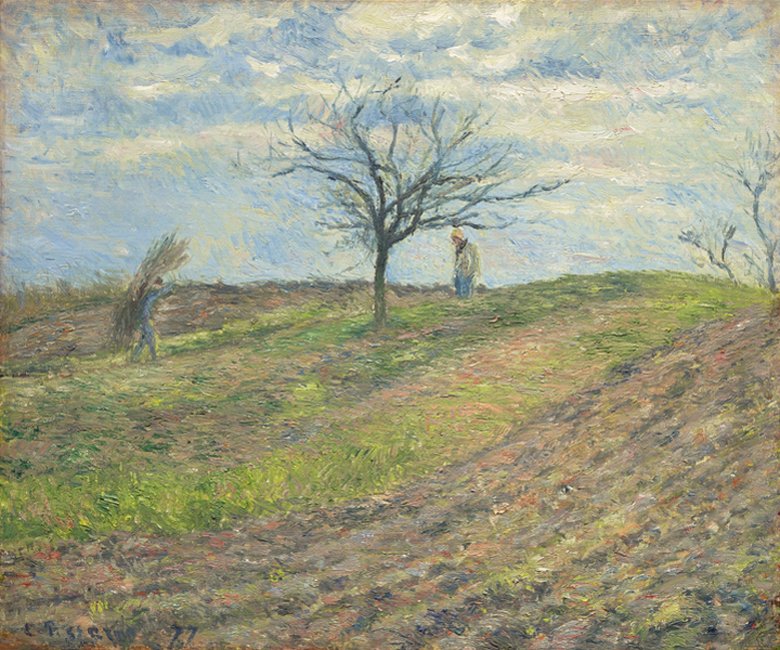Terre labourée en hiver, avec un homme portant un fagot 484 av Camille Jacob Pissarro
