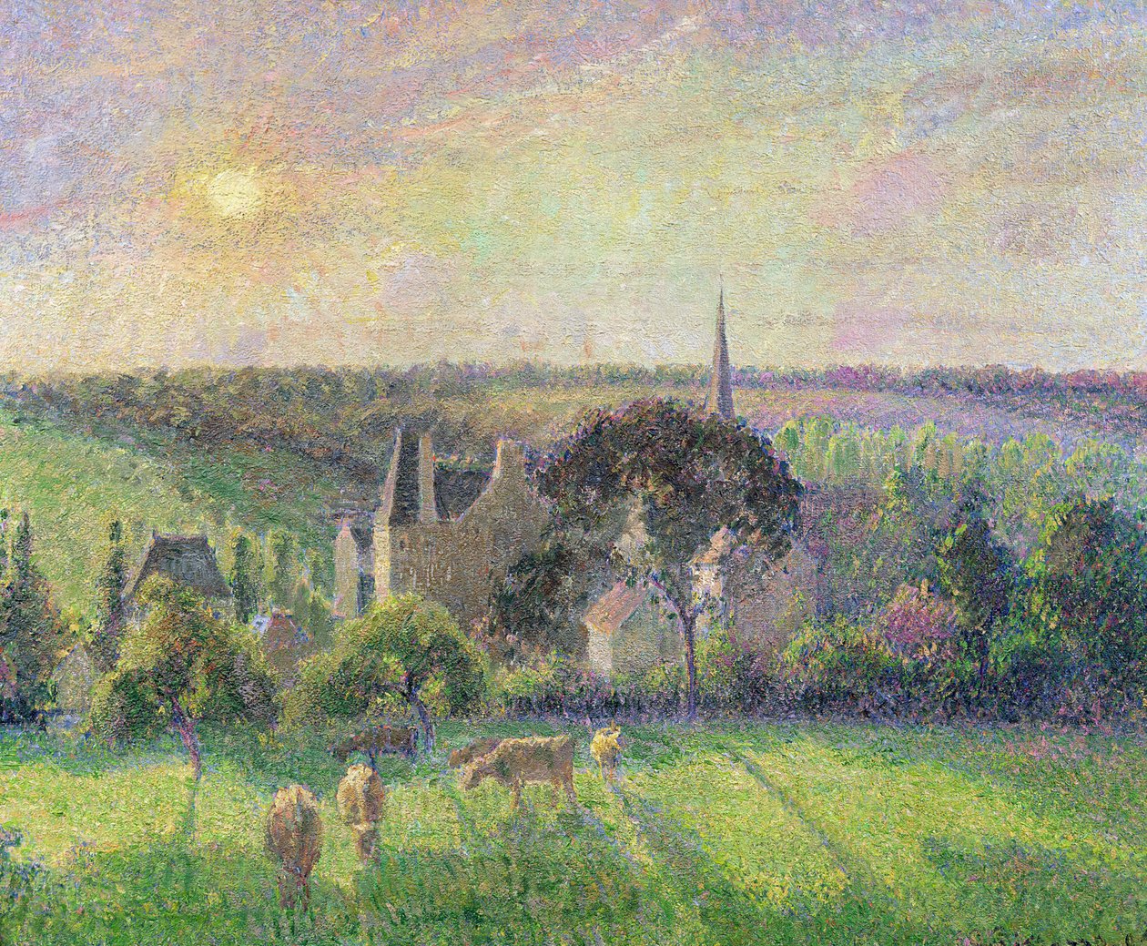 Eragnys kyrka och gård, 1895 av Camille Jacob Pissarro