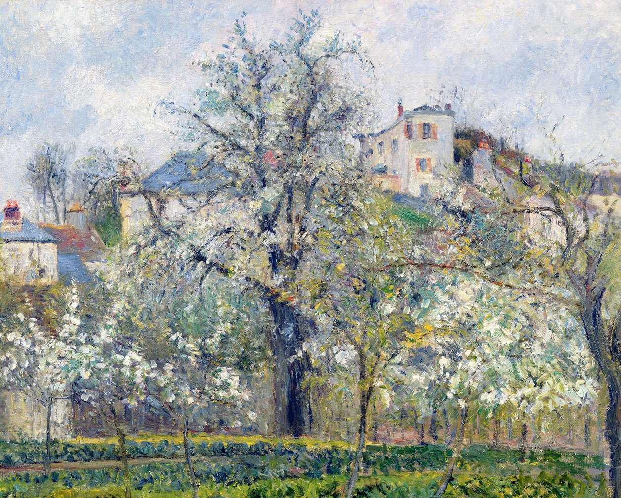 Grönsaksträdgården med träd i blom, våren, Pontoise, 1877 av Camille Jacob Pissarro